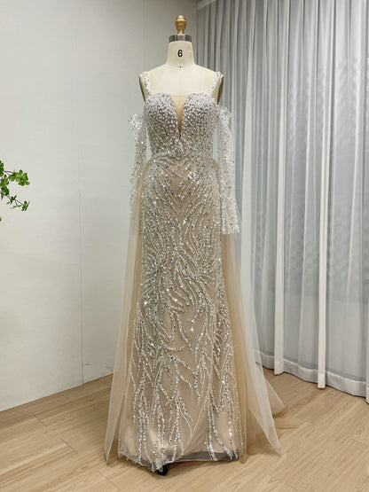 Pearl-Encrusted Mermaid Prom Dress with Detachable Tulle Overskirt & Matching Gauntlet Sleeves MY30130-2