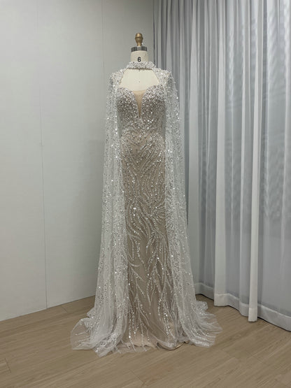 Ivory Sequin Beaded Evening Dress with Detachable Cape Formal Gown MY30130