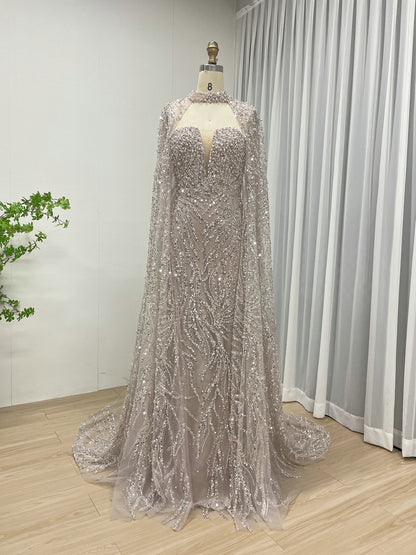 Ivory Sequin Beaded Evening Dress with Detachable Cape Formal Gown MY30130