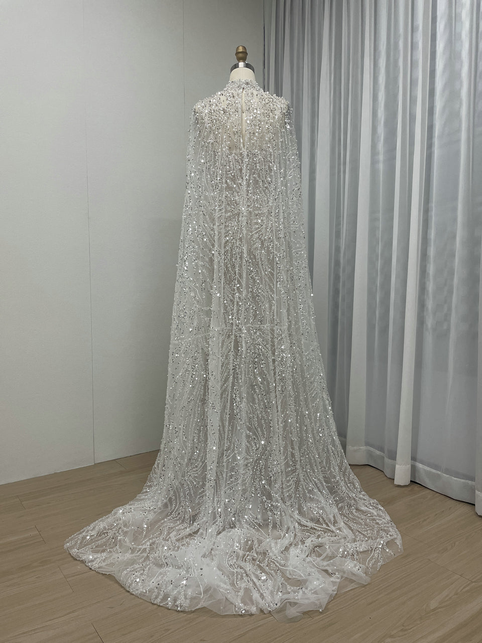 Ivory Sequin Beaded Evening Dress with Detachable Cape Formal Gown MY30130