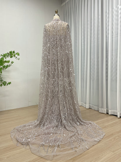 Ivory Sequin Beaded Evening Dress with Detachable Cape Formal Gown MY30130