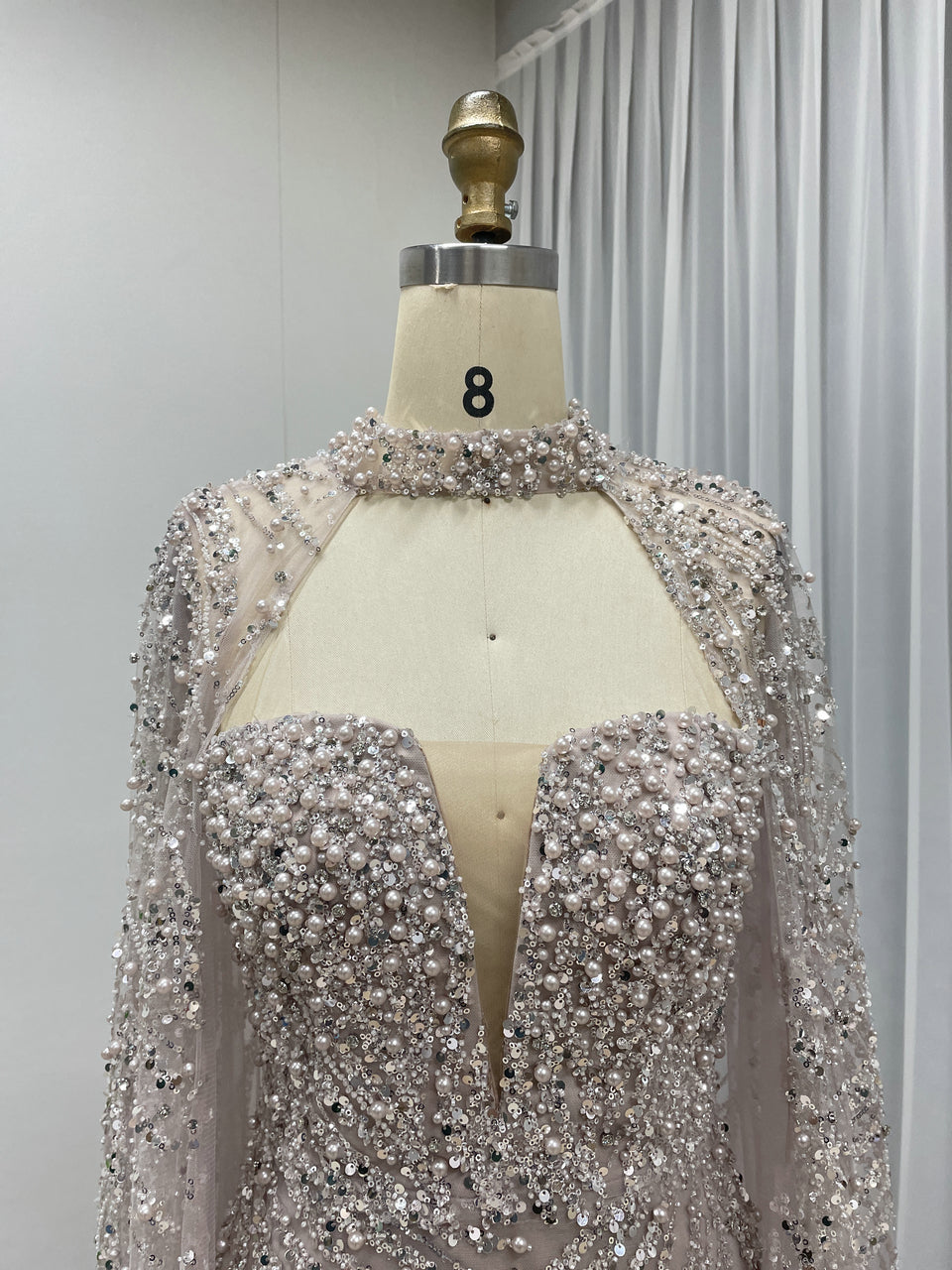 Ivory Sequin Beaded Evening Dress with Detachable Cape Formal Gown MY30130