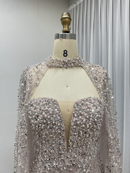 Ivory Sequin Beaded Evening Dress with Detachable Cape Formal Gown MY30130