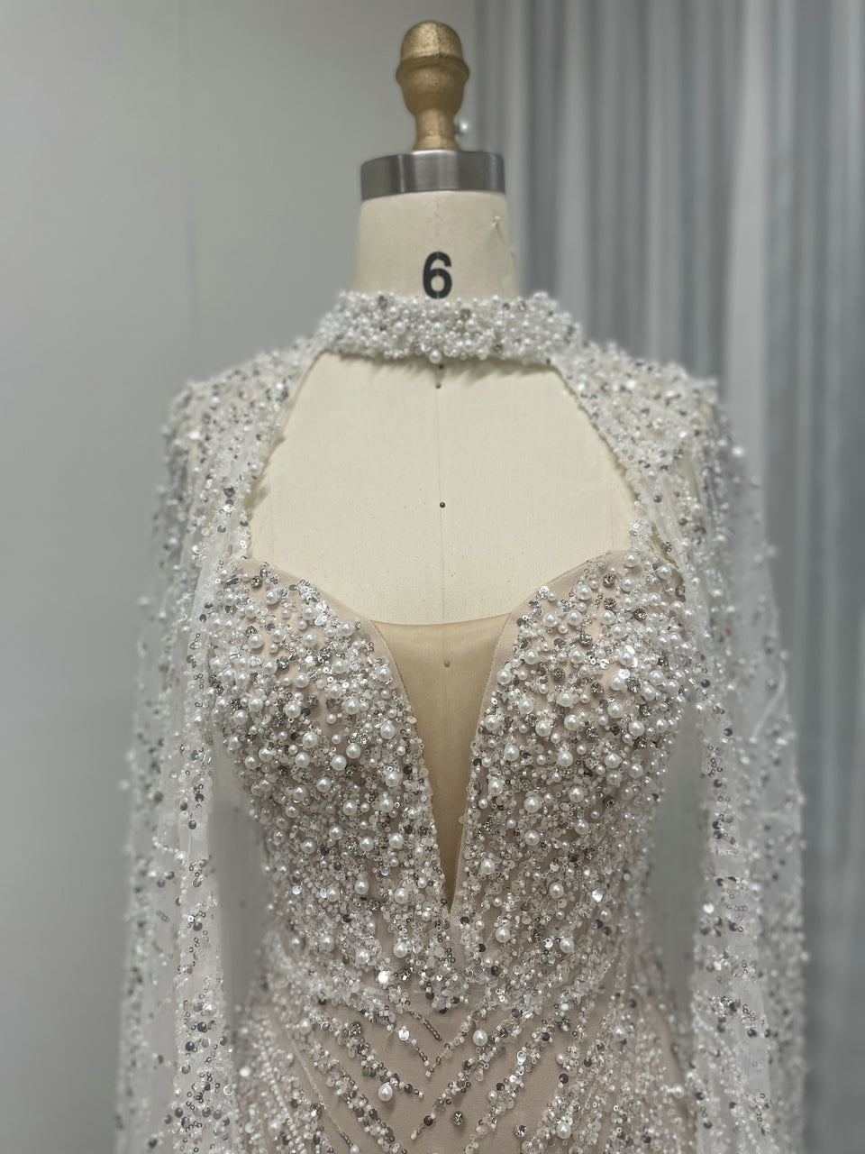 Ivory Sequin Beaded Evening Dress with Detachable Cape Formal Gown MY30130