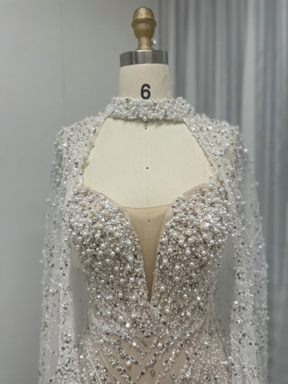Ivory Sequin Beaded Evening Dress with Detachable Cape Formal Gown MY30130