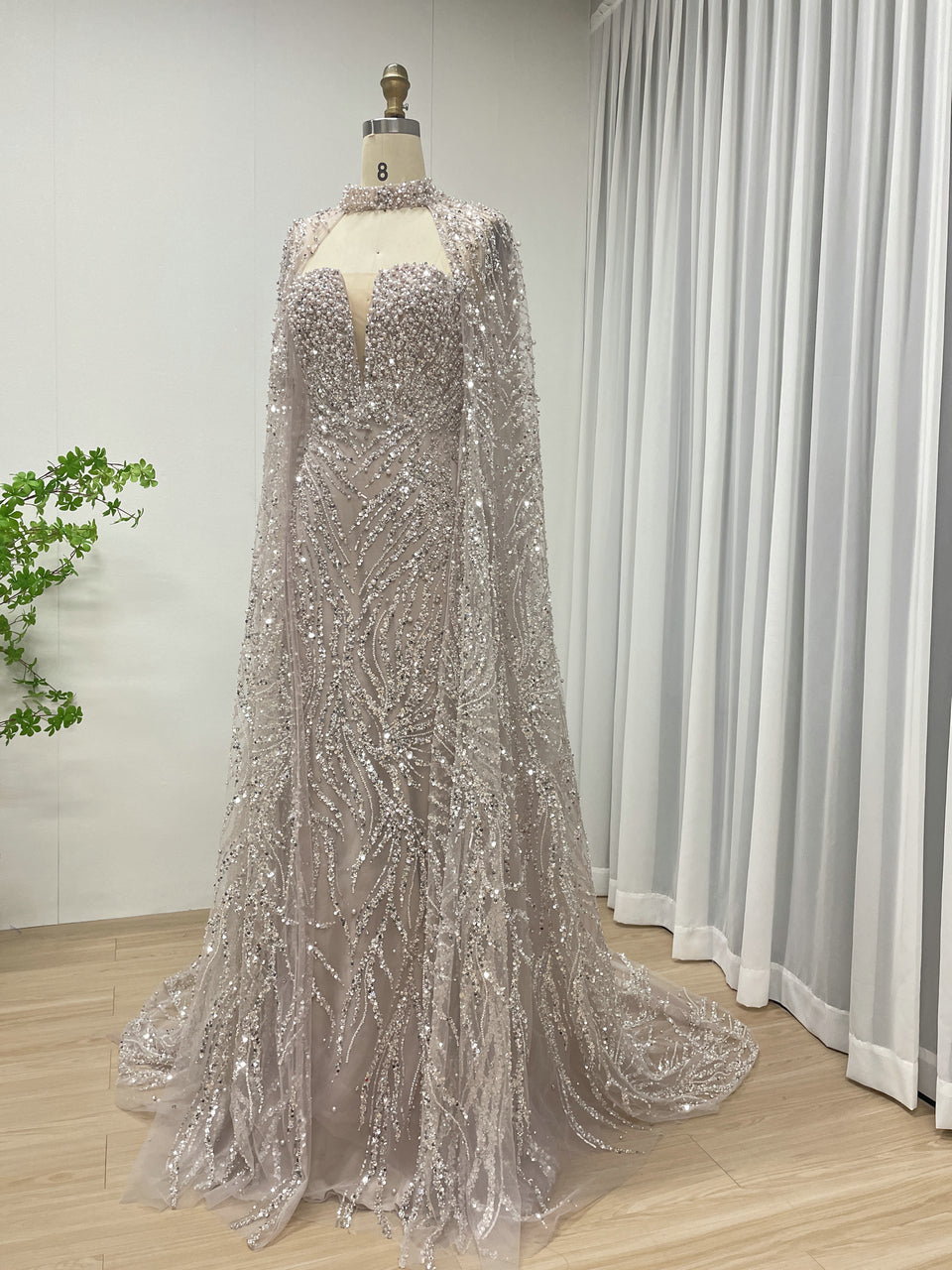 Ivory Sequin Beaded Evening Dress with Detachable Cape Formal Gown MY30130