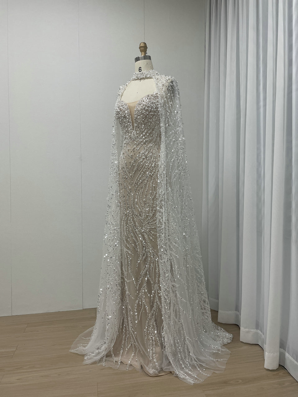 Ivory Sequin Beaded Evening Dress with Detachable Cape Formal Gown MY30130