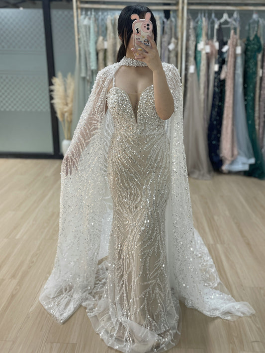 Ivory Sequin Beaded Evening Dress with Detachable Cape Formal Gown MY30130