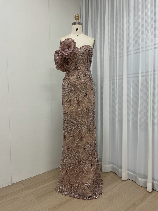 Elegant Floral Rose Gold Off-Shoulder Dress for Formal Occasions MY30131