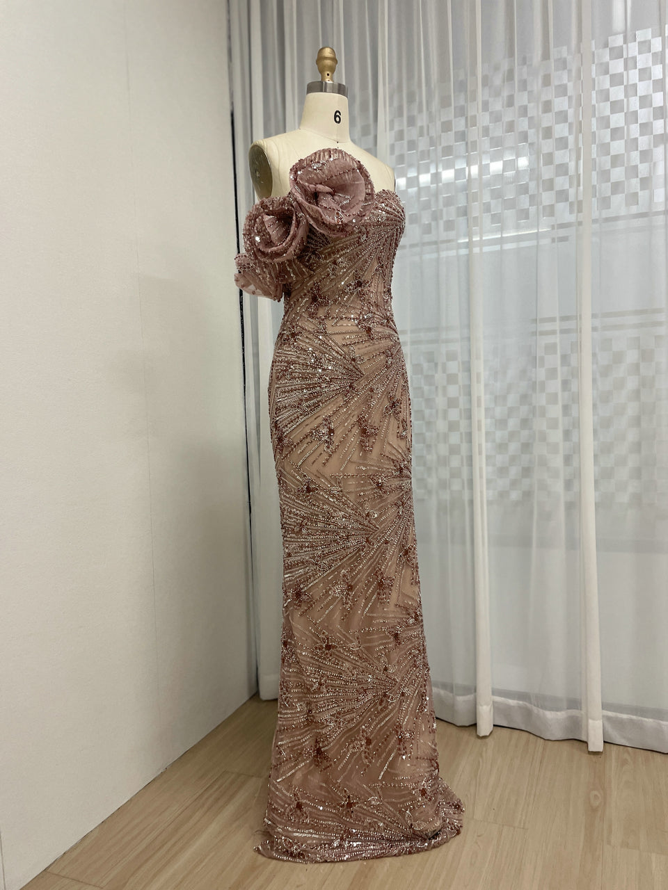 Elegant Floral Rose Gold Off-Shoulder Dress for Formal Occasions MY30131