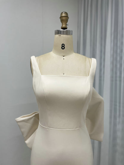 Beige Satin Mermaid Evening Dress Square Neck Bow Accent Slit Gown MY30132