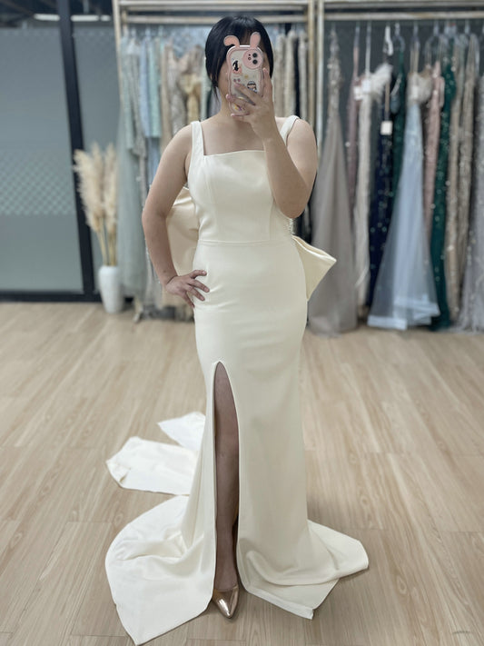 Beige Satin Mermaid Evening Dress Square Neck Bow Accent Slit Gown MY30132
