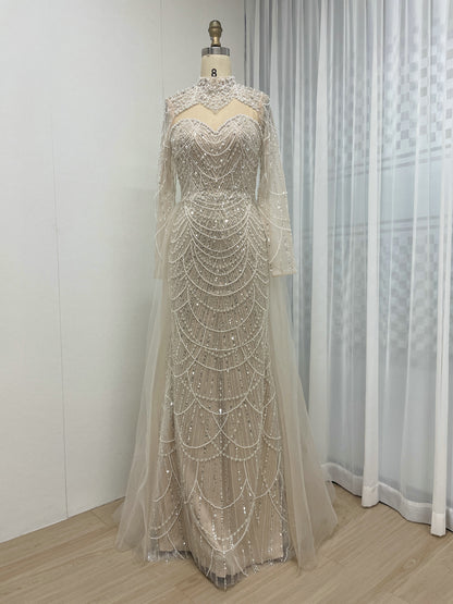 Beaded High Neck Mermaid Evening Dress Long Sleeve Prom Formal Gown MY30133