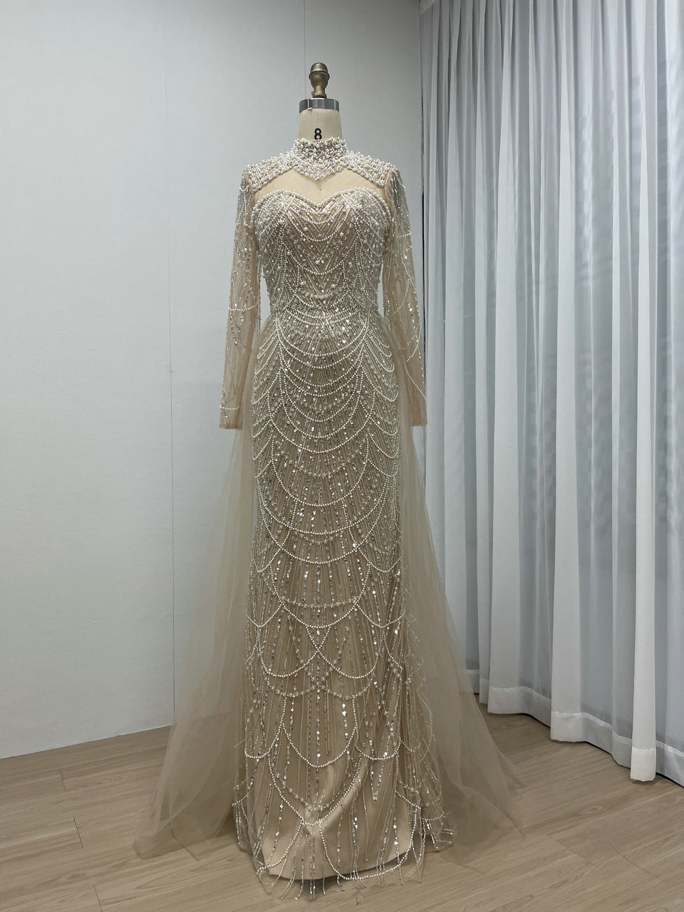 Beaded High Neck Mermaid Evening Dress Long Sleeve Prom Formal Gown MY30133