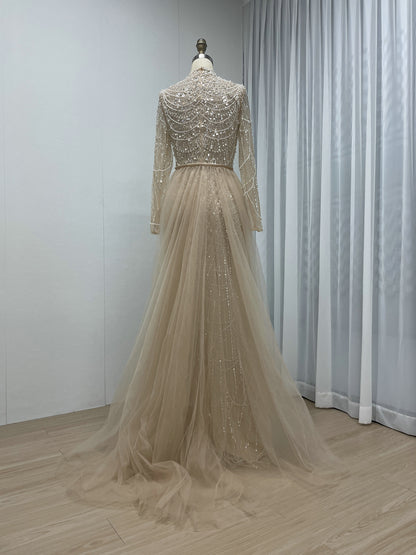 Beaded High Neck Mermaid Evening Dress Long Sleeve Prom Formal Gown MY30133