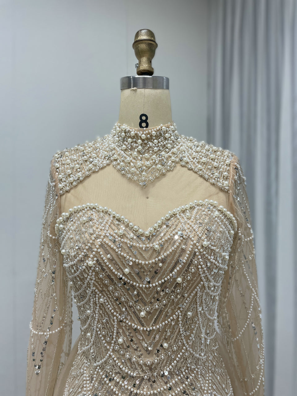 Beaded High Neck Mermaid Evening Dress Long Sleeve Prom Formal Gown MY30133