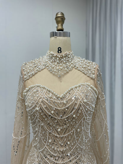 Beaded High Neck Mermaid Evening Dress Long Sleeve Prom Formal Gown MY30133