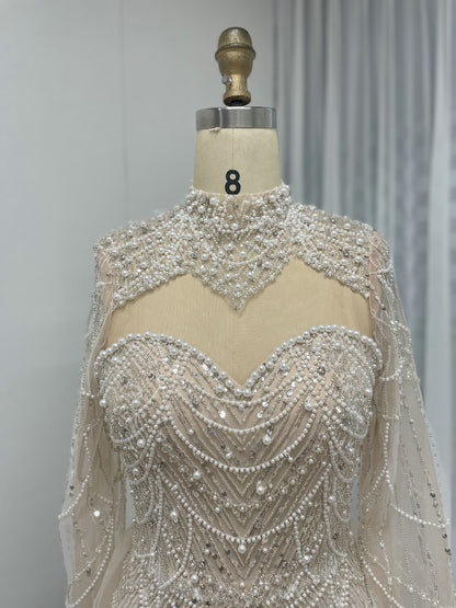 Beaded High Neck Mermaid Evening Dress Long Sleeve Prom Formal Gown MY30133