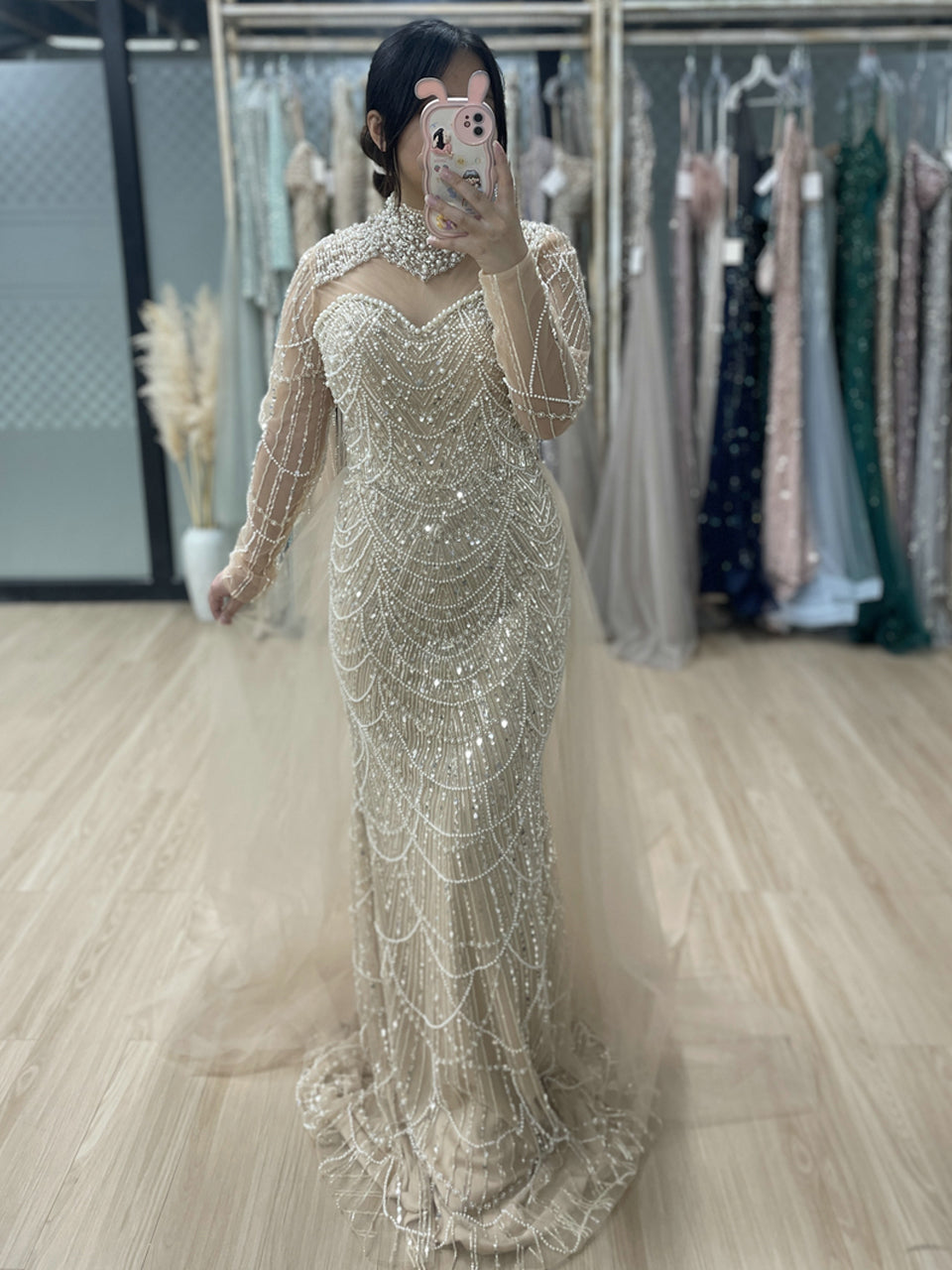 Beaded High Neck Mermaid Evening Dress Long Sleeve Prom Formal Gown MY30133