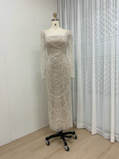 Chic Long-Sleeve Red beaded Gown for Gala Nights MY30137