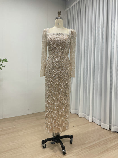 Chic Long-Sleeve Red beaded Gown for Gala Nights MY30137