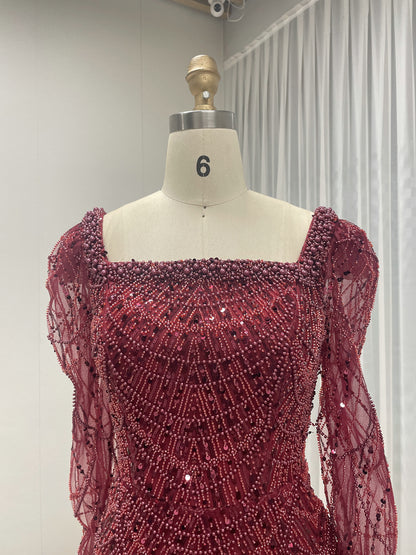 Chic Long-Sleeve Red beaded Gown for Gala Nights MY30137