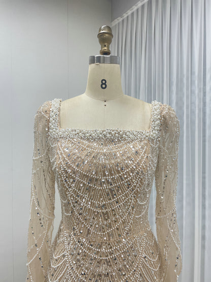 Chic Long-Sleeve Red beaded Gown for Gala Nights MY30137