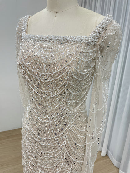 Chic Long-Sleeve Red beaded Gown for Gala Nights MY30137