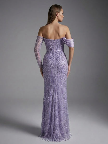 Lavender Beaded Asymmetrical Off-Shoulder Evening Gown MY30138