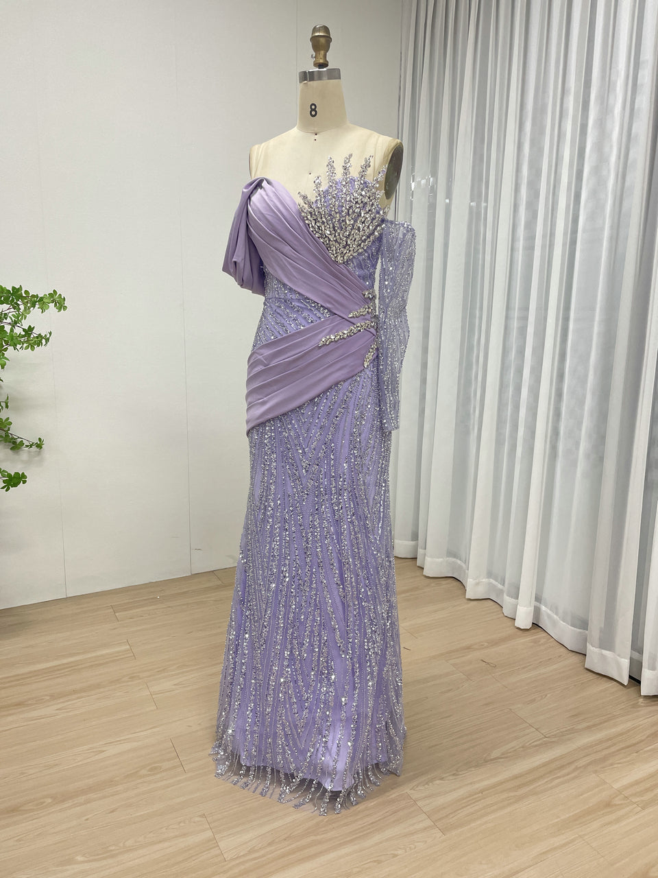 Lavender Beaded Asymmetrical Off-Shoulder Evening Gown MY30138