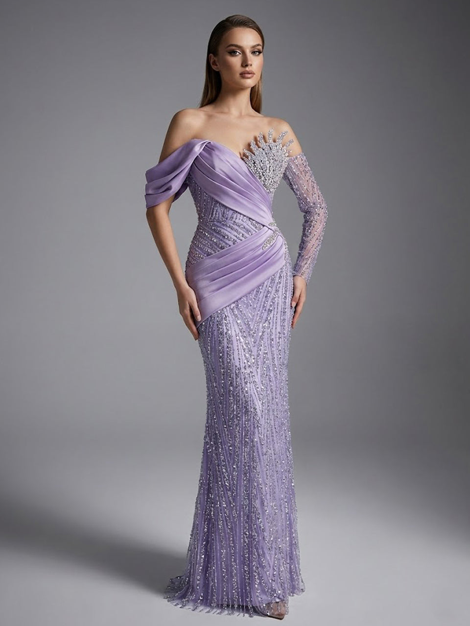 Lavender Beaded Asymmetrical Off-Shoulder Evening Gown MY30138