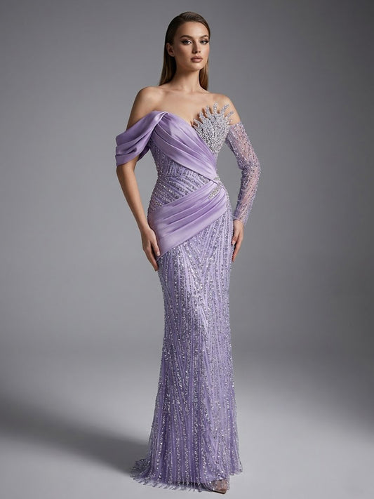 Lavender Beaded Asymmetrical Off-Shoulder Evening Gown MY30138