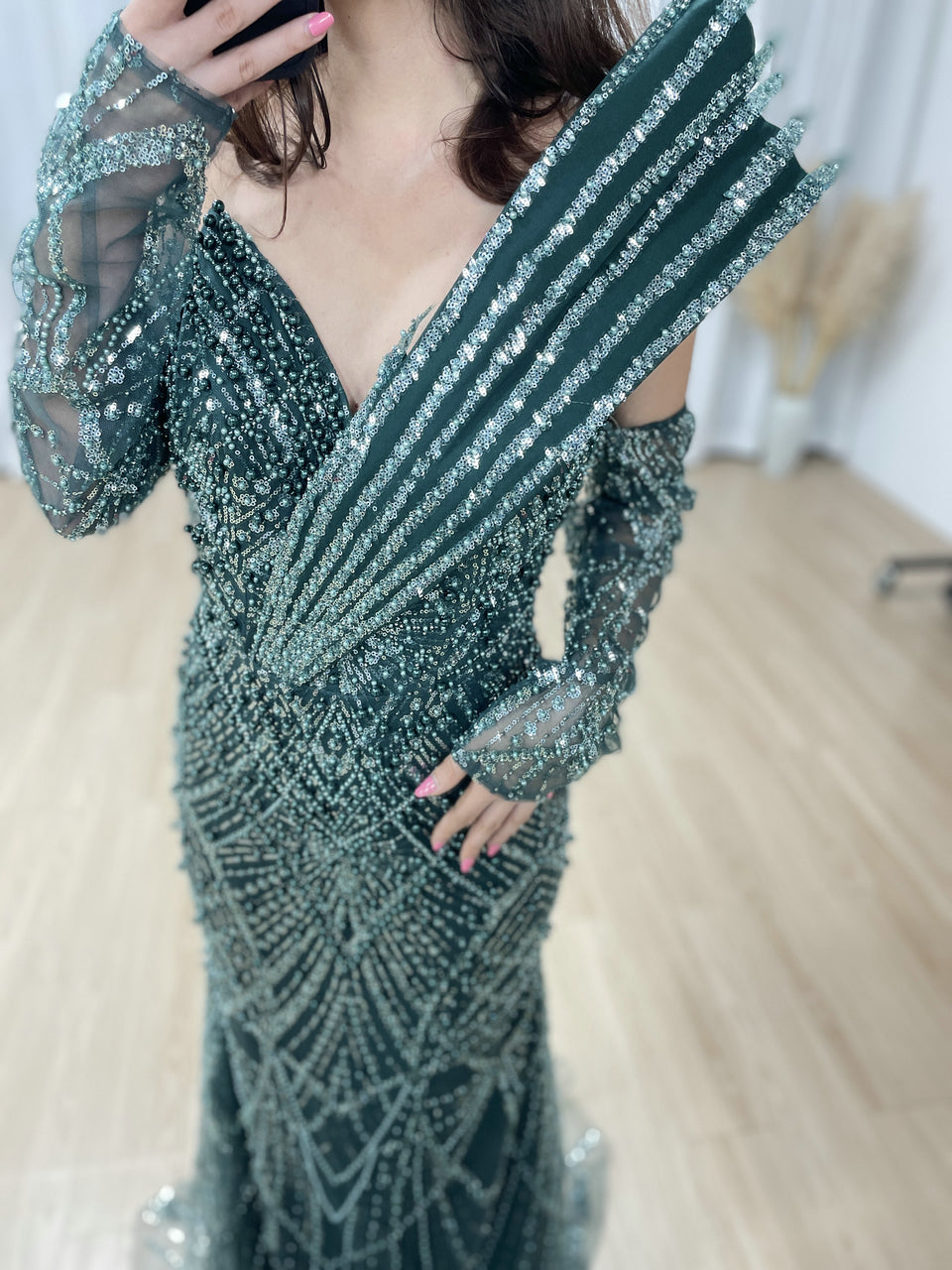 One-Shoulder Asymmetric Sleeve Formal Dress Beaded Geometric Mermaid Prom MY30139