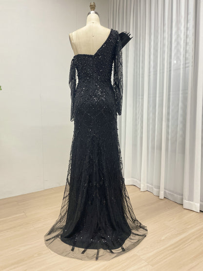 One-Shoulder Asymmetric Sleeve Formal Dress Beaded Geometric Mermaid Prom MY30139