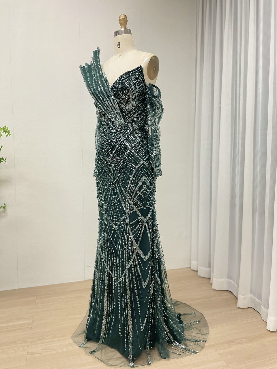 One-Shoulder Asymmetric Sleeve Formal Dress Beaded Geometric Mermaid Prom MY30139