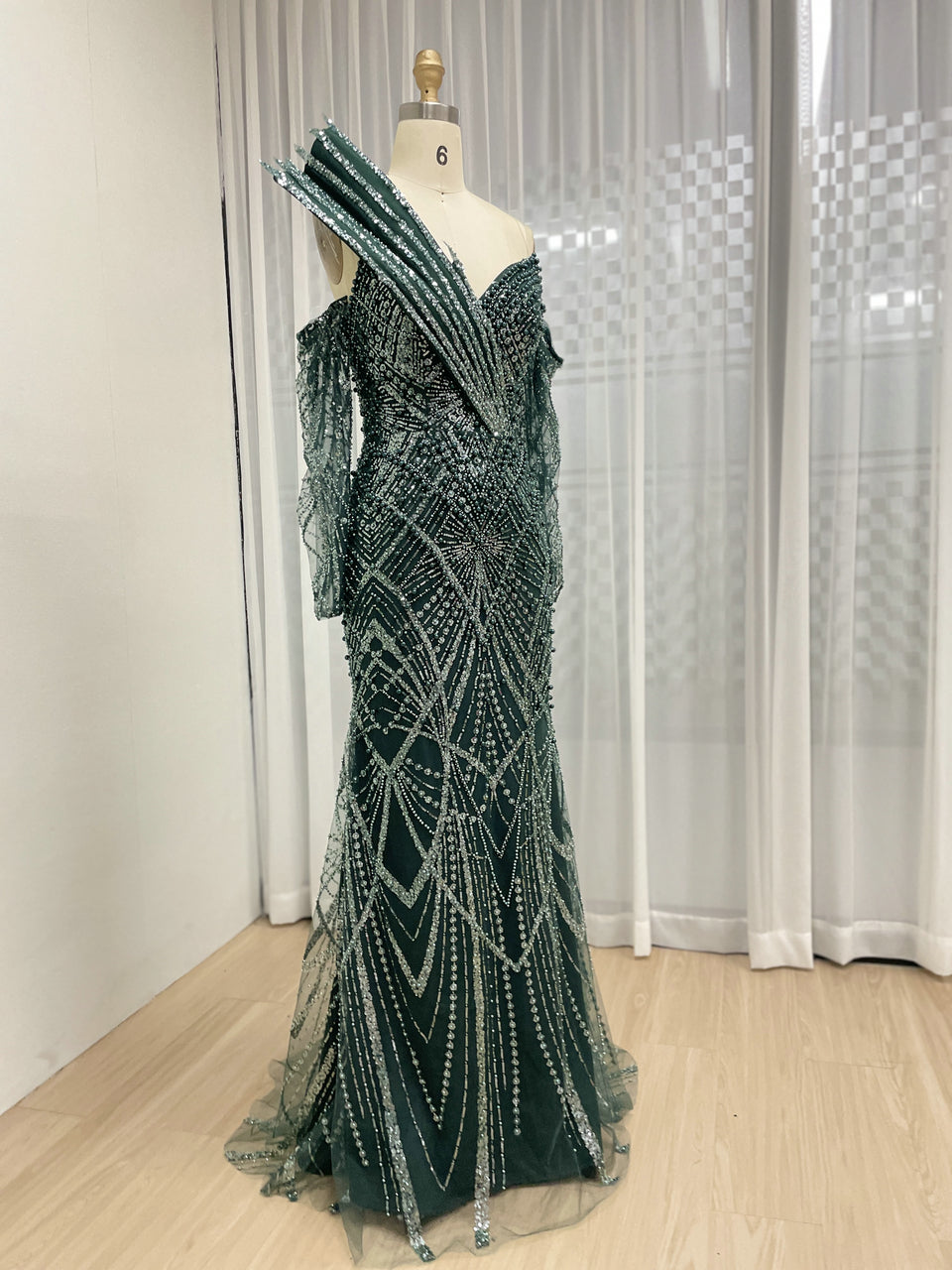 One-Shoulder Asymmetric Sleeve Formal Dress Beaded Geometric Mermaid Prom MY30139