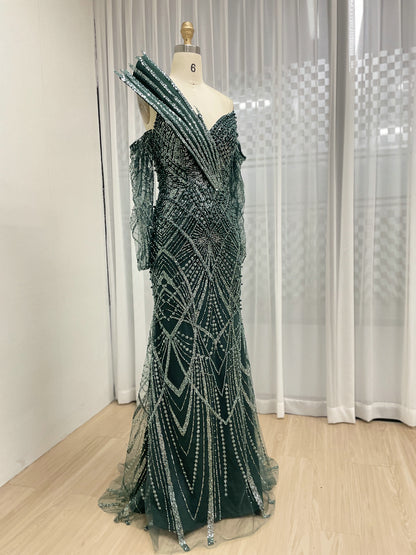 One-Shoulder Asymmetric Sleeve Formal Dress Beaded Geometric Mermaid Prom MY30139