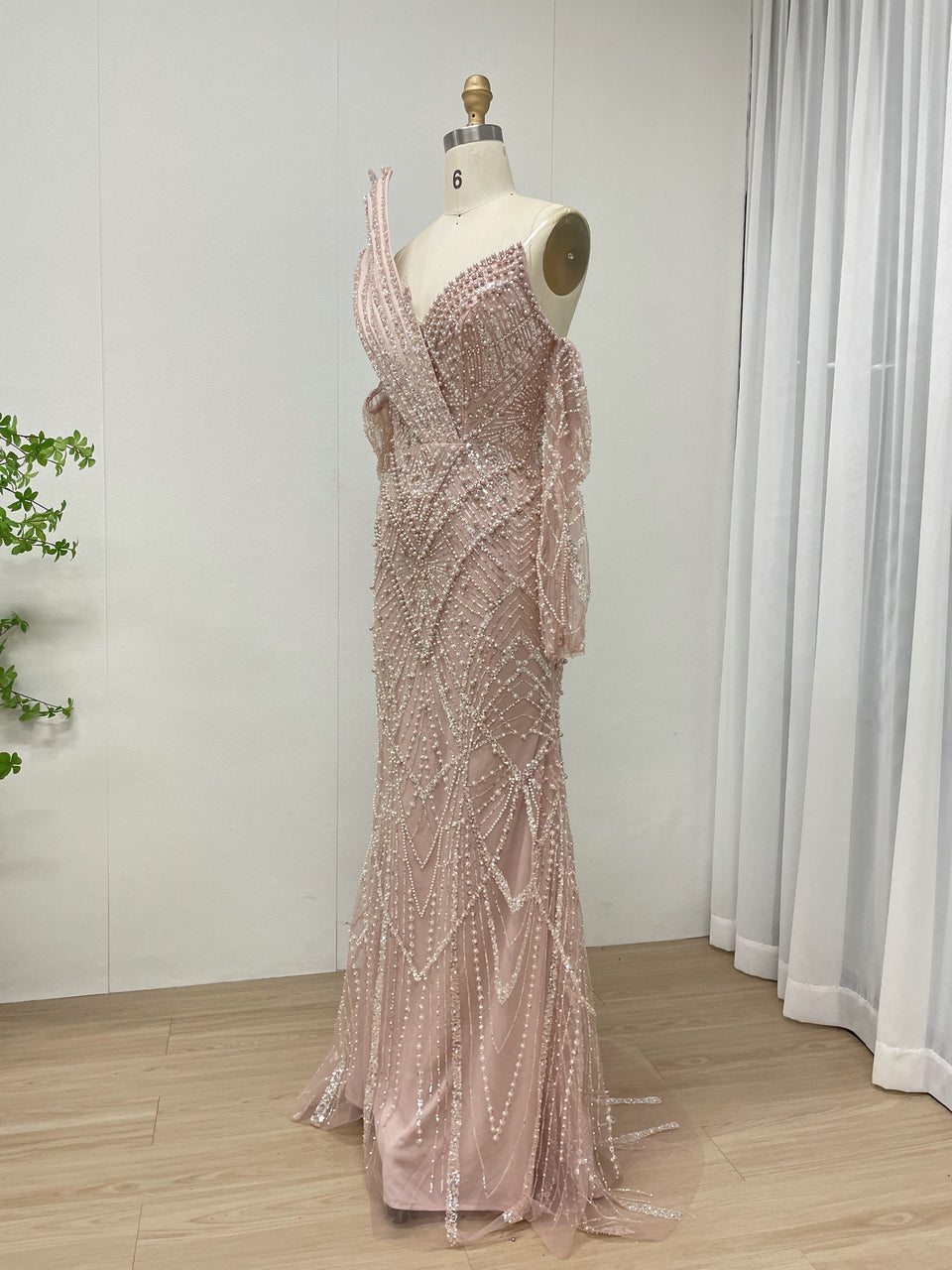 One-Shoulder Asymmetric Sleeve Formal Dress Beaded Geometric Mermaid Prom MY30139