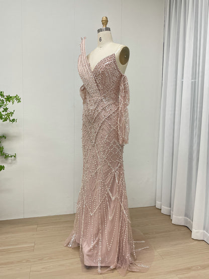 One-Shoulder Asymmetric Sleeve Formal Dress Beaded Geometric Mermaid Prom MY30139