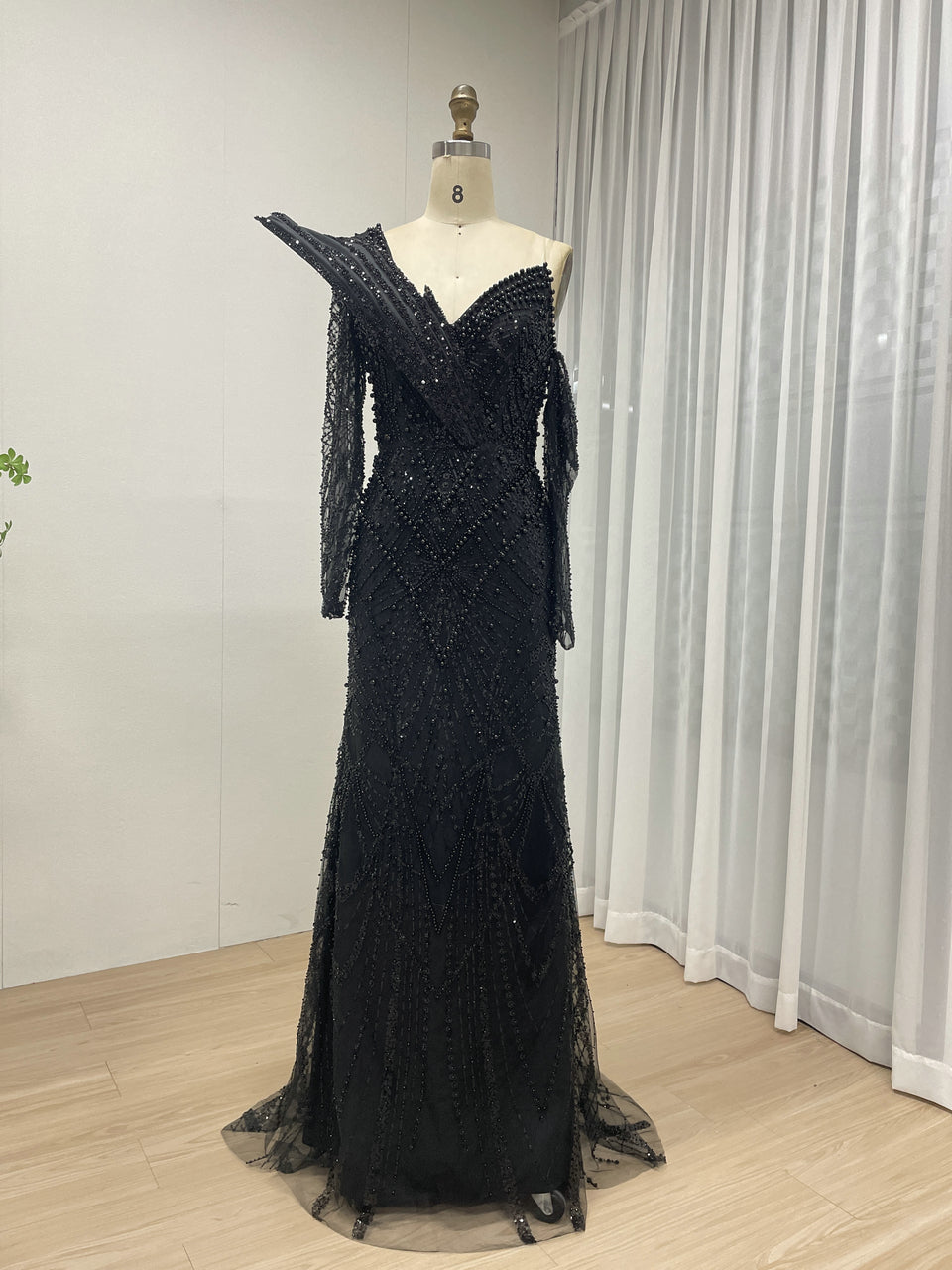 One-Shoulder Asymmetric Sleeve Formal Dress Beaded Geometric Mermaid Prom MY30139
