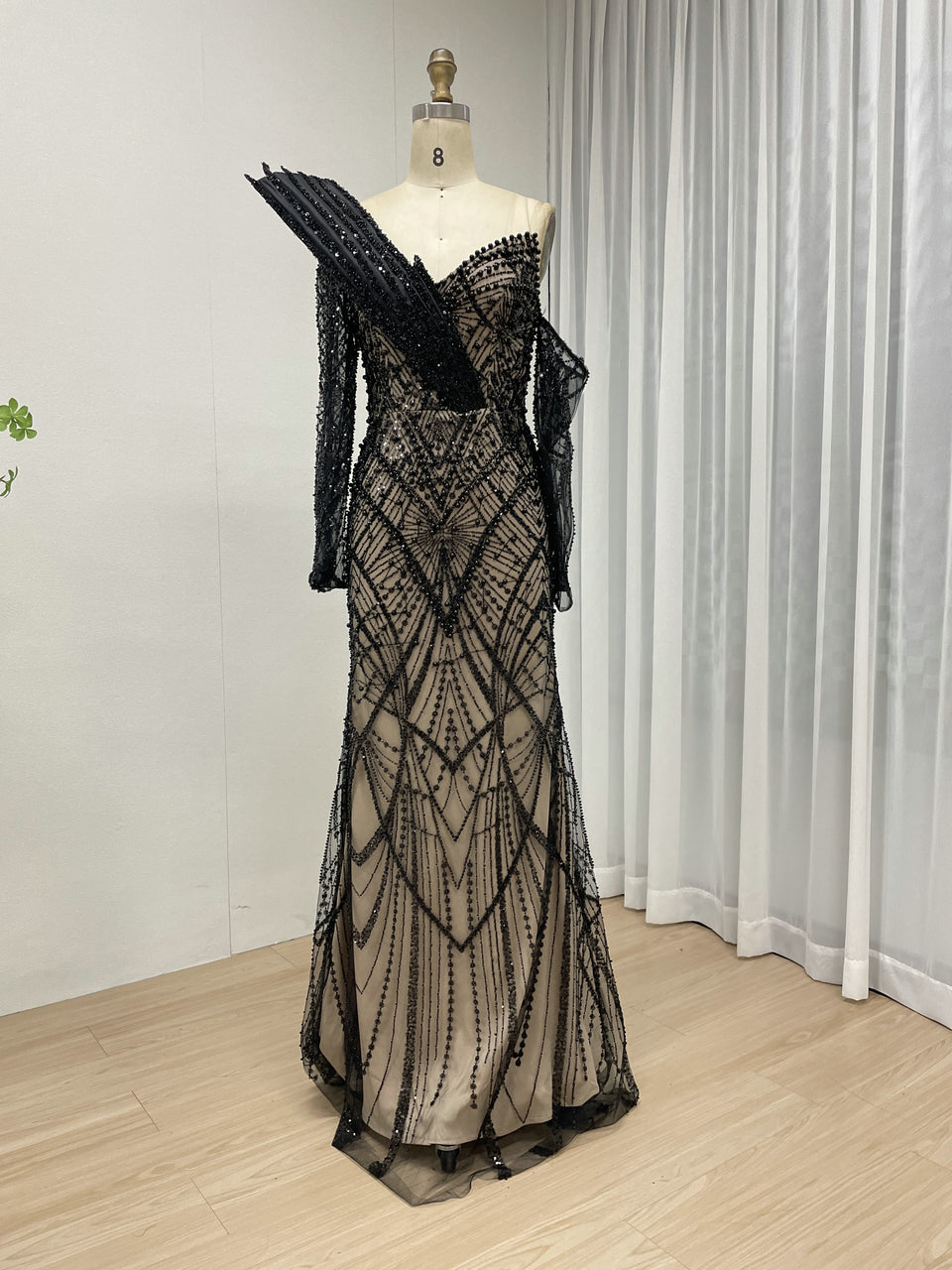 One-Shoulder Asymmetric Sleeve Formal Dress Beaded Geometric Mermaid Prom MY30139