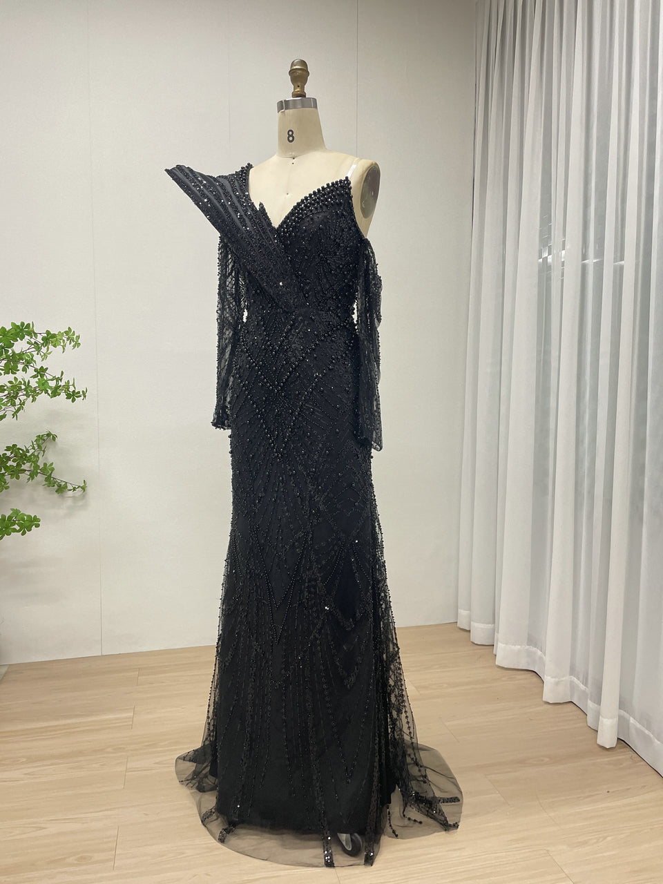 One-Shoulder Asymmetric Sleeve Formal Dress Beaded Geometric Mermaid Prom MY30139