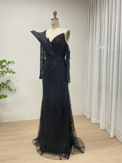 One-Shoulder Asymmetric Sleeve Formal Dress Beaded Geometric Mermaid Prom MY30139