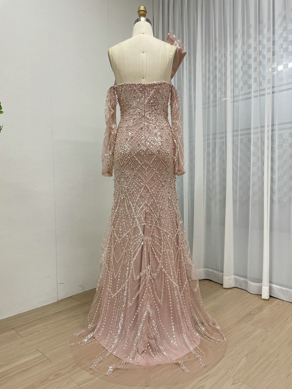 One-Shoulder Asymmetric Sleeve Formal Dress Beaded Geometric Mermaid Prom MY30139