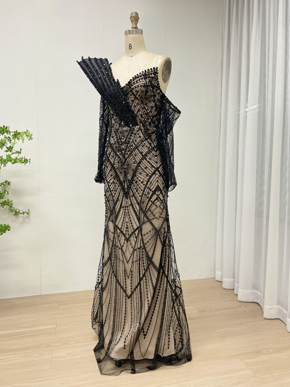 One-Shoulder Asymmetric Sleeve Formal Dress Beaded Geometric Mermaid Prom MY30139