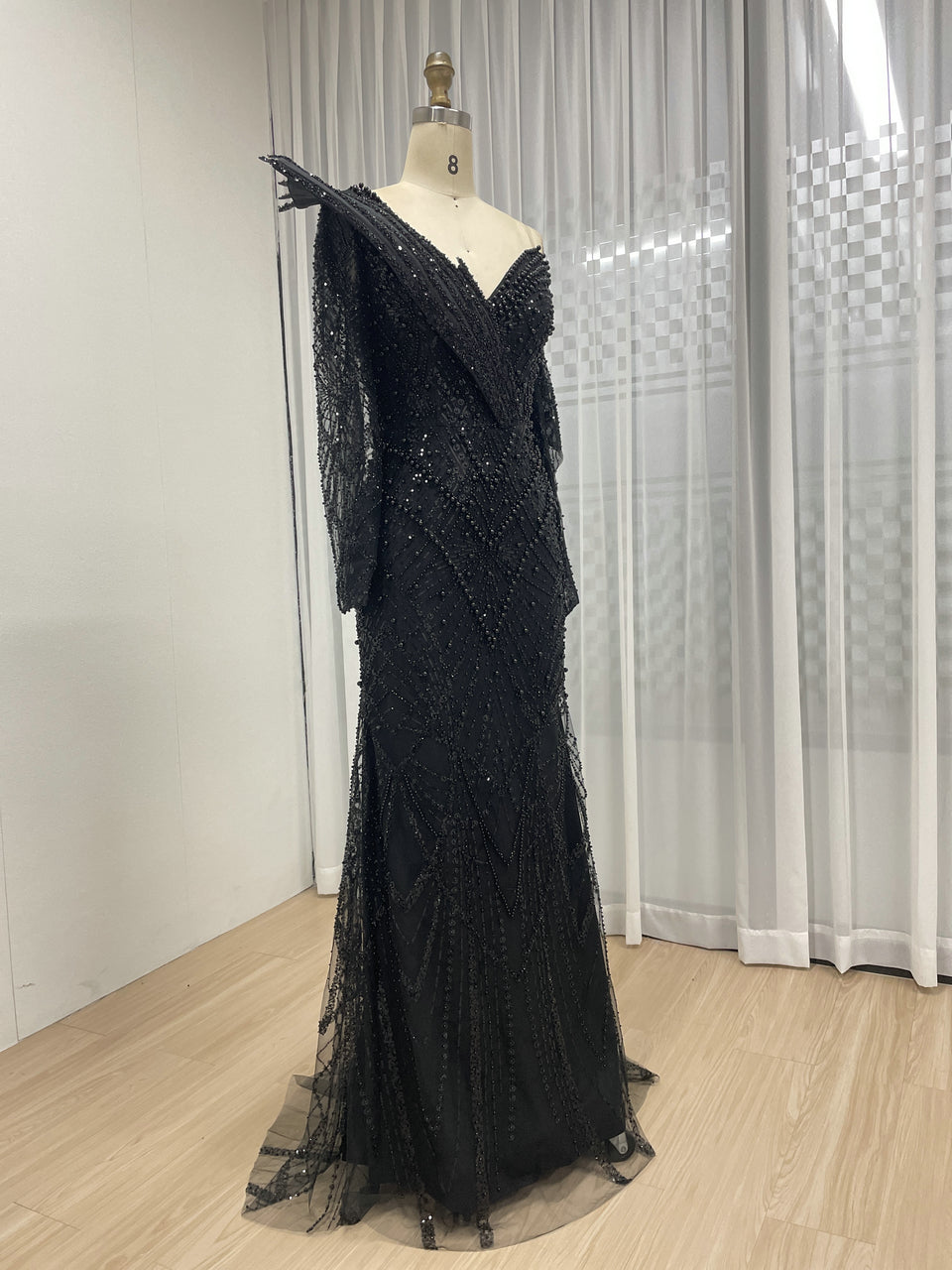 One-Shoulder Asymmetric Sleeve Formal Dress Beaded Geometric Mermaid Prom MY30139