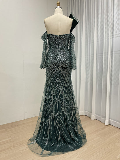 One-Shoulder Asymmetric Sleeve Formal Dress Beaded Geometric Mermaid Prom MY30139