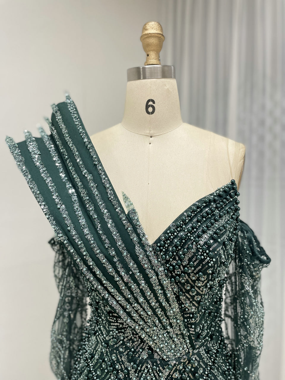One-Shoulder Asymmetric Sleeve Formal Dress Beaded Geometric Mermaid Prom MY30139