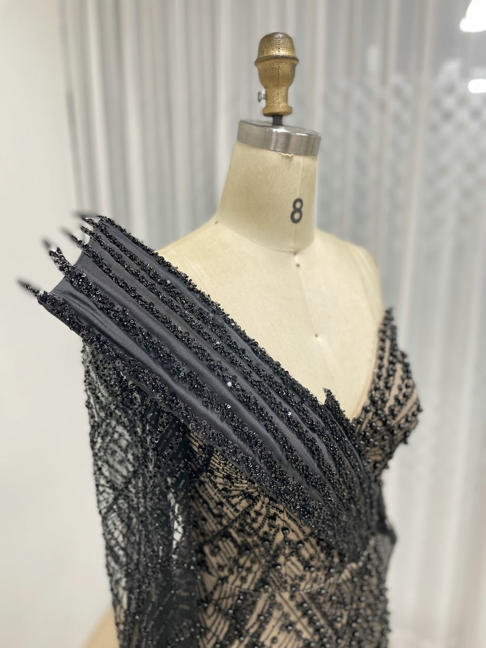One-Shoulder Asymmetric Sleeve Formal Dress Beaded Geometric Mermaid Prom MY30139