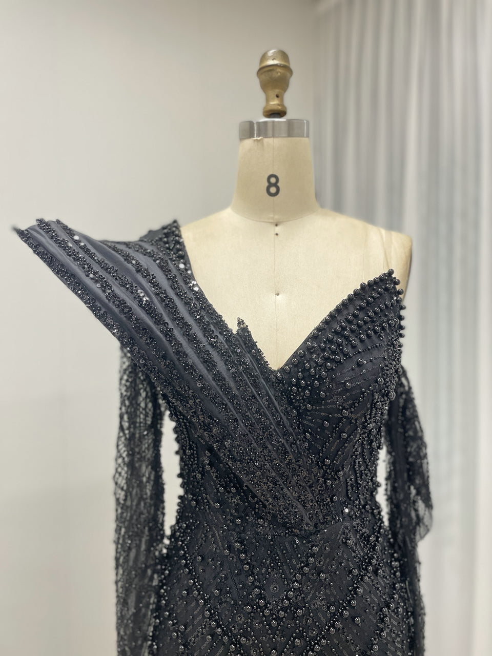 One-Shoulder Asymmetric Sleeve Formal Dress Beaded Geometric Mermaid Prom MY30139